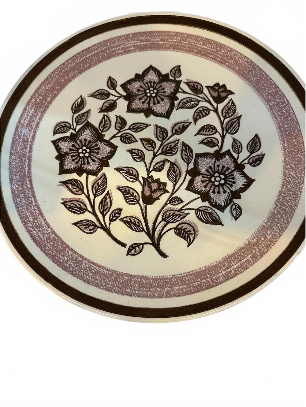 Vintage 1970s Maroon Floral Stoneware Serving Plate